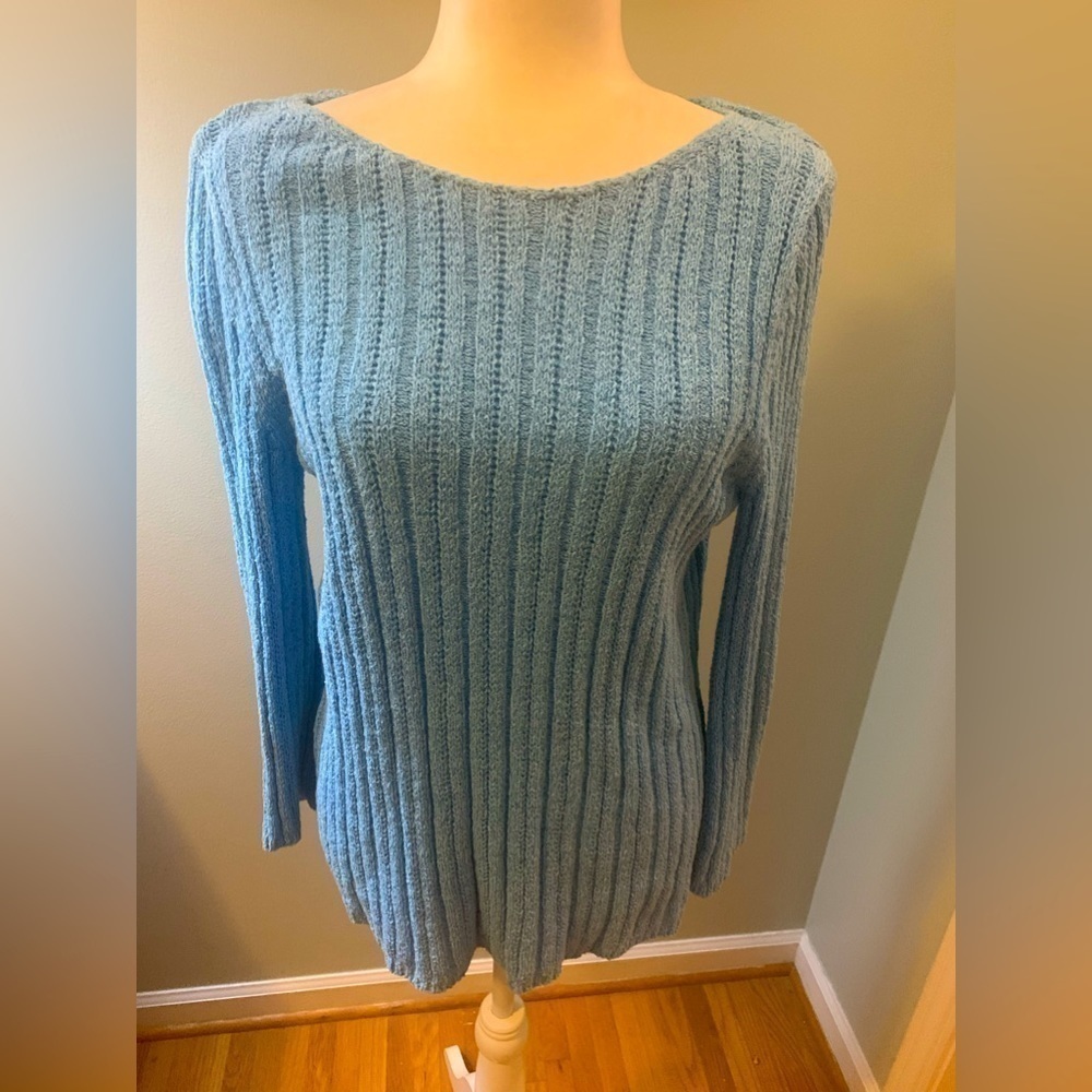 Sigrid Olsen blue knit crew neck sweater, size M